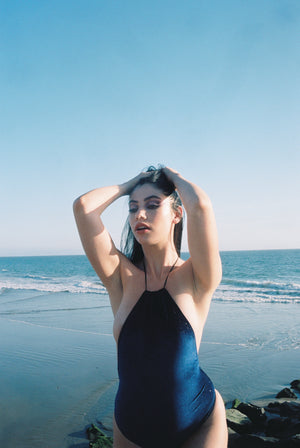 Adriana sparkly velvet bodysuit in navy blue